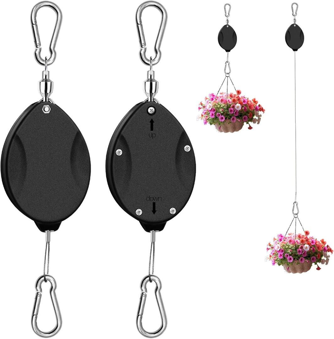 2 Pack 2024 Upgraded Heavy Duty Retractable Plant HangerPlant Pulleys for Hanging Plants,Easy to Raise and Lower,Auto Lock,Adjustable Hook for Garden Baskets Pots,Birds Feeder,Black (2 Pcs Black)