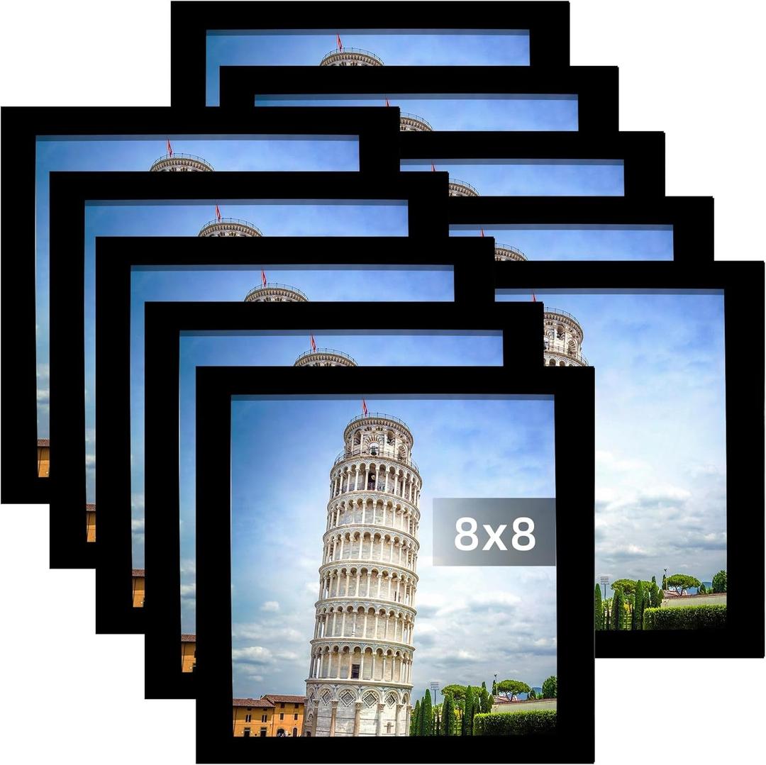 SESEAT 8x8 Picture Frame Set of 10, Display Pictures 8x8 Prints Without Mat, Tabletop or Wall Mounting, Black