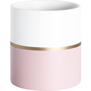 Plant Pots Indoor 6.7 Inch Ceramic Planters, Matte Flower Pots with Drainage Hole for Home Office Decor (Pink, White, with Gold Stripe)