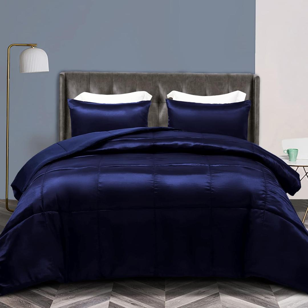 Whale Flotilla 3-Piece Reversible Silky Soft Queen Comforter Bedding Set, Luxurious Satin Comforters Full Size with 2 Satin Pillowcases, Lightweight Duvet for All Seasons, Navy