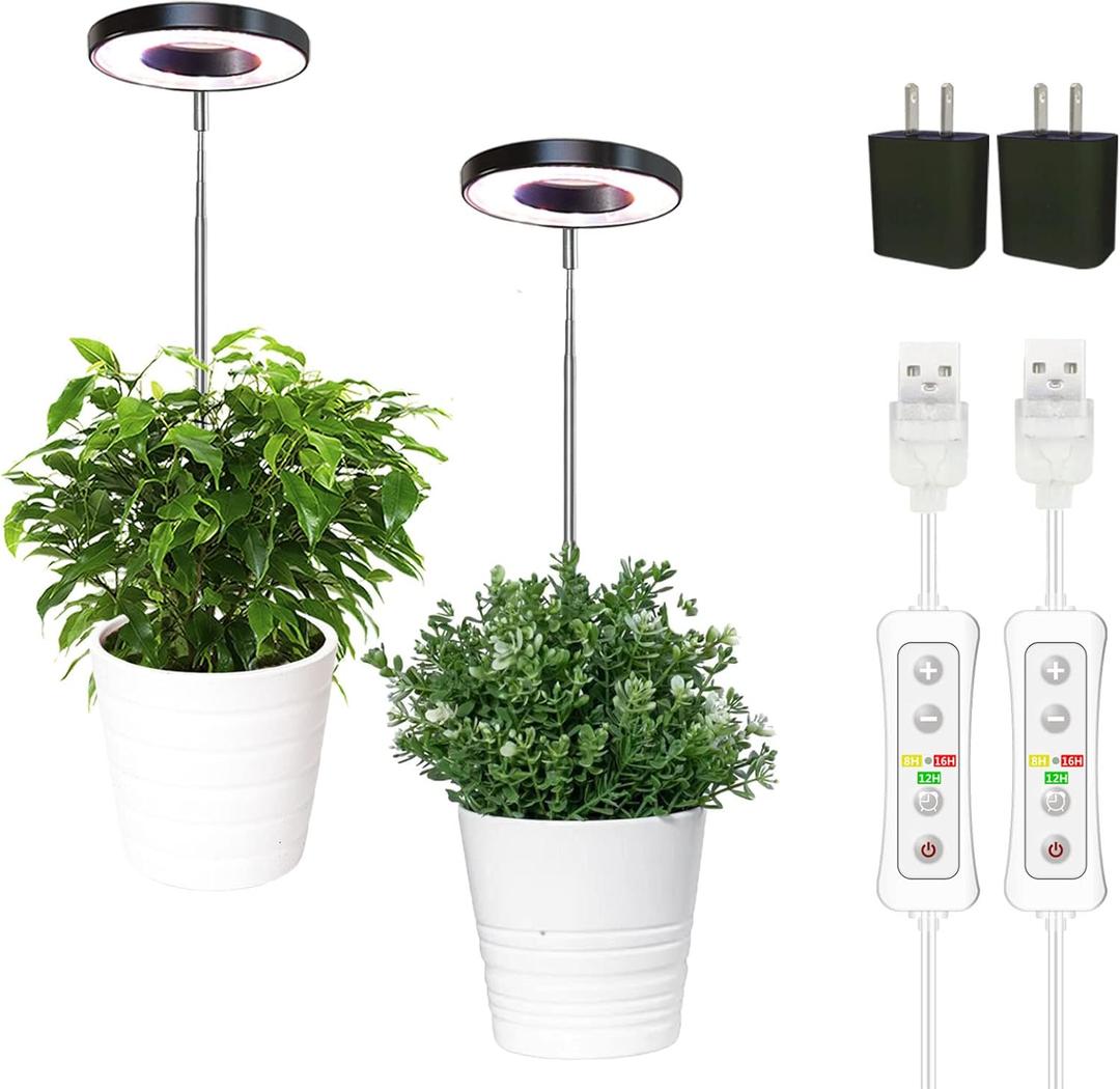 yadoker Plant Grow Light, LED Growing Light Full Spectrum for Indoor Plants,Height Adjustable, Automatic Timer, 5V Low Safe Voltage,Idea for Small Plant Light (2 Pack, Matte Black)