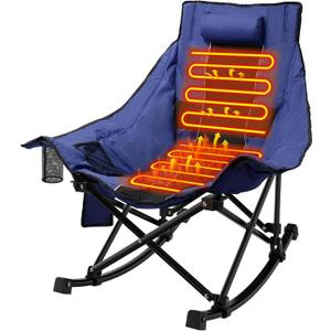 ZENPETIO Heated Camping Chair, Oversized Outdoor Rocking Chair with 3 Heat Levels, Portable Folding Heated Chair for Camp, Lawn, Sports, Winter Use (Battery NOT Included) (Blue)