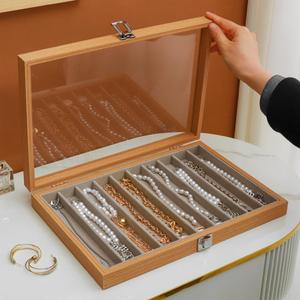 Glass Lid Necklace Organizer Box Transparent Necklace Holder Organizer Velvet Necklace Display Box Clear Lid Jewelry Storage Stackable Necklace Display Case for Women Girls (Style A)