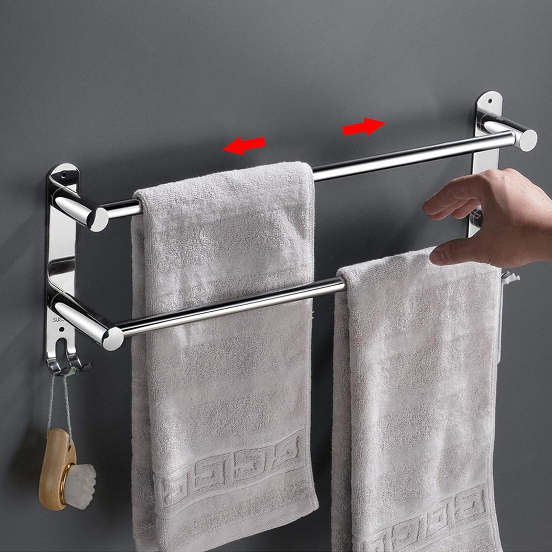 Towel Bars Freely Retractable 20-30 Inches Stainless Steel 304 Bath Towel Rack Strong 3M Adhesive Bathroom Wall-mounting Free mounting Hole-Installing washroom Kitchen Space Saving (2 Bars)