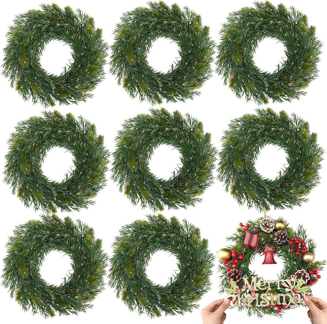 Zeyune Christmas DIY Green Wreath 14 Inch Artificial Christmas Wreaths Faux Plain Wreaths for Decorating Front Door Window Room Farmhouse Xmas Party Indoor Outdoor(Willow Pine,8 Pcs)