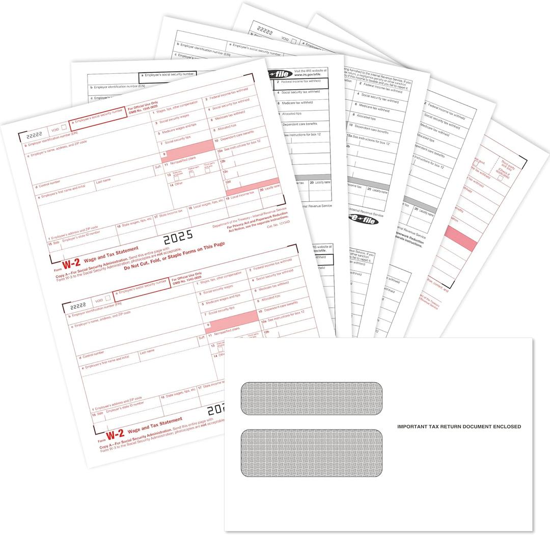 W2 Forms 2025 with Envelopes,4 Part W-2 Tax Forms 2025, 4-Part W-2 Forms with 25 Self-Seal Envelopes, Laser Forms Designed for Accounting(W2 4 Part 25 with Envelopes)