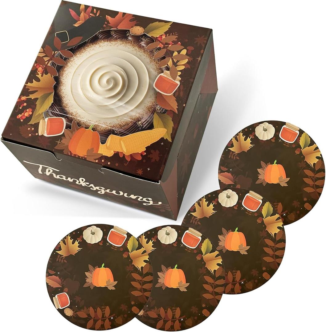 qiqee Thanksgiving 6x6x5 Cake Box, 18 Sets Thanksgiving Cake Box with Window  18 Sets 6" Thanksgiving Brown Pumpkin Cake Round Boards, 6inch Cake Containers