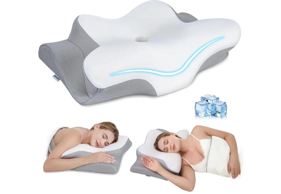 Cervical Neck Pillow, Memory Foam Pillows for Neck and Shoulder Pain Relief, 2 Heights Ergonomic Pillow with Breathable Ice Silk Cover, Neck Support Pillow for Side Sleepers - White