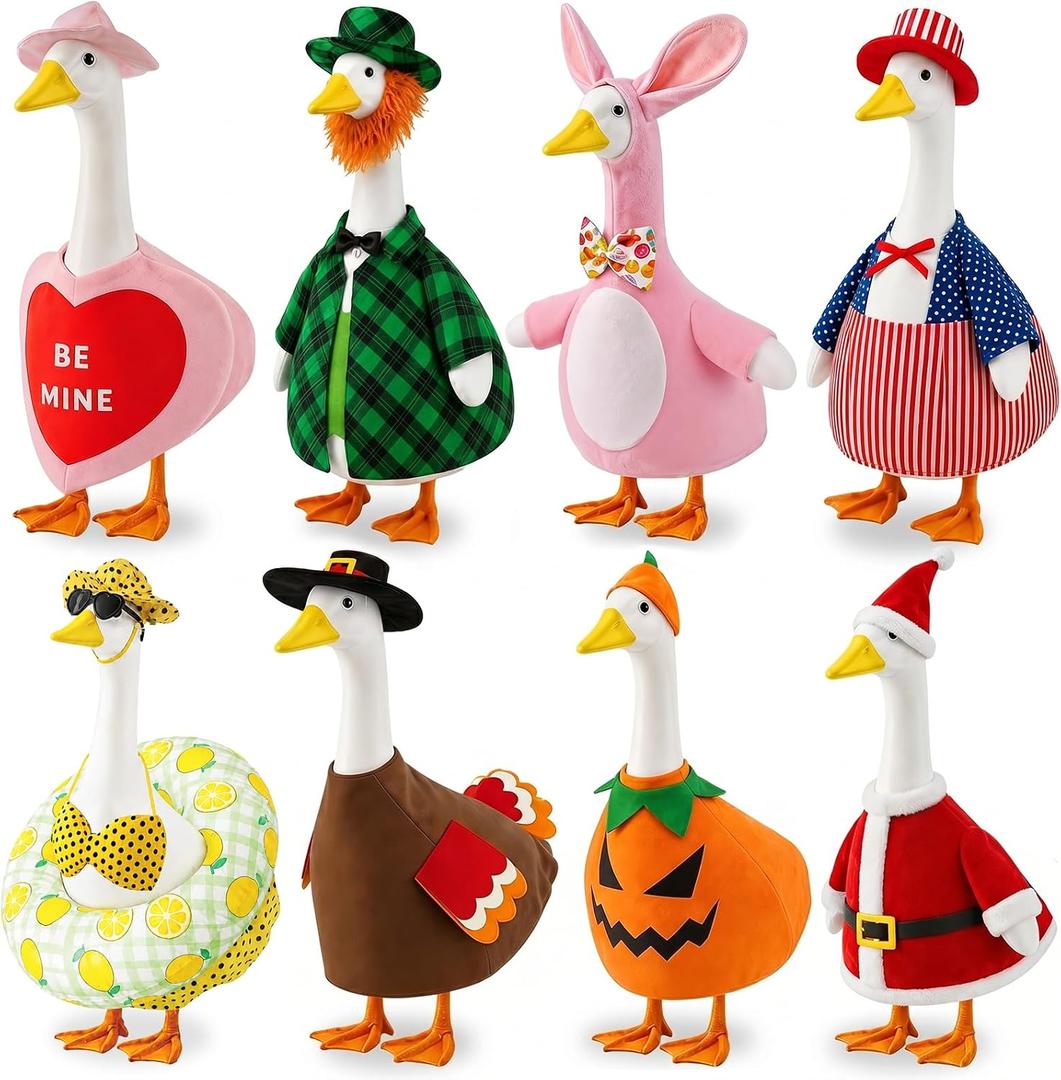8 Set Holiday Porch Goose Outfits 23 inch All Seasons Goose Clothes for Valentine St. Patrick Easter Summer 4th of July Fall Halloween Christmas, Lawn Porch Gooses Clothing for Patio Yard Decor, One Size