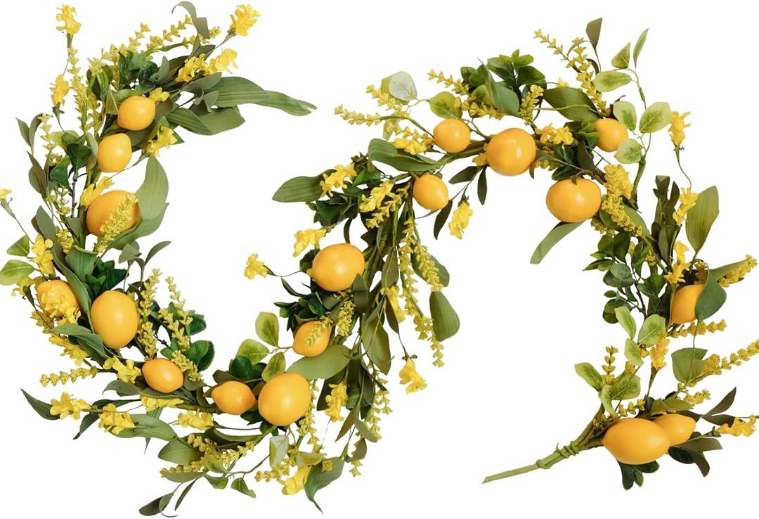 TEMPUS 5.4 Ft Artificial Lemon Garland Spring Summer Faux Yellow Fruit Garlands with Greenery for Home Door Wall Mantle Wedding Holiday Party Table Decorations
