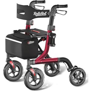 RollisRoll Walkers for Seniors with Seat, Foldable Rollator Walker, Reinforced Aluminum Frame, 10" Big Rubber Wheels for All Terrain, Built-in Cable, Lightweight Rolling Walker, Burgundy