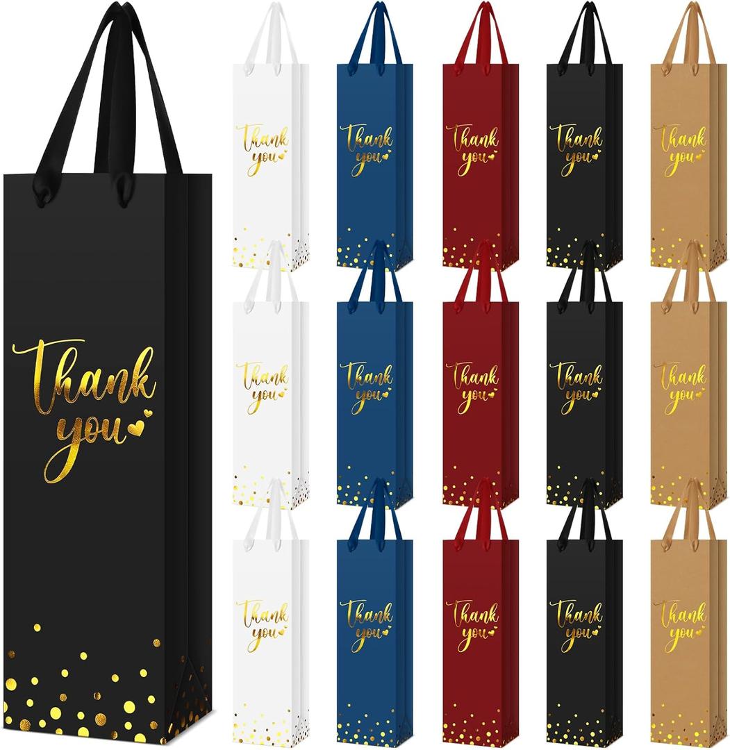 Ctosree 30 Pcs Wine Bottle Gift Bag with Handle 4.3x3.5x13.7 Liquor Paper Bag for Thank You Favor Gold Foil Kraft Whiskey Tote Carrier for Wedding Birthday Bridal Thanksgiving Party(4 Colors)