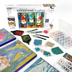 ArtSkills Diamond Painting Kit, Diamond Art Ready to Hang Framed Canvas with Storage and Accessory Kit, Gnomes, 3 Stretched Canvas Panels, 14 x 7 Each