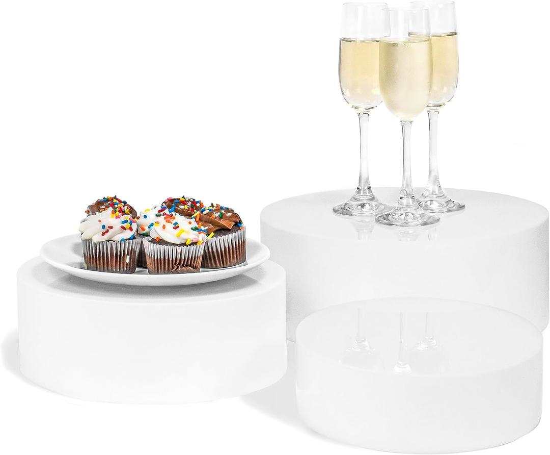 Red Co. Set of 3 Sizes (10", 8", 7") Acrylic Round Cylinder Display Nesting Riser Stands with Hollow Bottoms, Glossy White