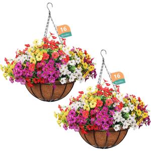 2 Set Outdoor Artificial Hanging Baskets, 32 Pcs Artificial Flowers Hanging Planters for Spring Summer Front Porch Patio Yard Garden Home Decor (Purple, Yellow, Hot Pink, Creamy White)