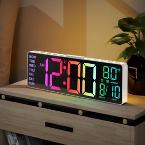 JALL 10.5'' Digital Large Alarm Clock with 8-in-1 RGB Colors, Date, Month, Temperature LED, Auto DST, Modern for Desk, Wall, Living Room, Bedroom, Birthday Xmas Gift, him her Mom Dad Seniors Teen (White)