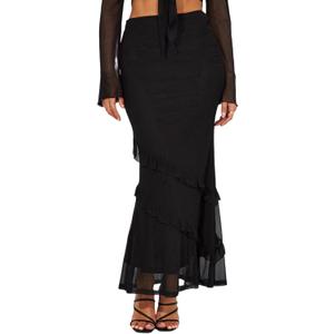 SEBOWEL Women Floral Mesh Long Skirt Tiered Sheer See Through Skirt Bohemian Boho High Waist Bodycon Mesh Ruffle Maxi Skirt