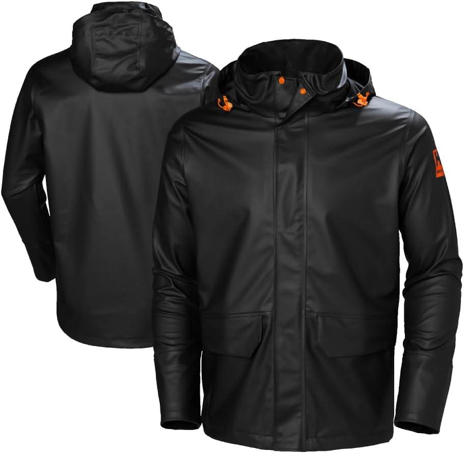 Helly-Hansen Workwear Gale Mens Waterproof Rain Jacket - Heavy-Duty PU Polyester Windbreaker - Packable Hood & Hem (Small, 990 Black)