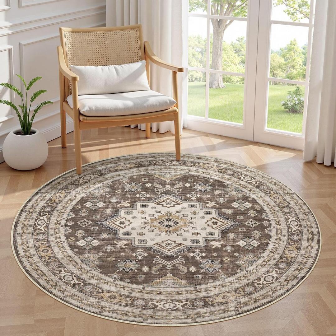 5ft Round Vintage Living Room Area Rug - 5x5 Large Soft Washable Oriental Traditional Distressed Farmhouse Rugs for Bedroom - Indoor Floor Accent Carpet for Home Office House Decor - Dark Brown