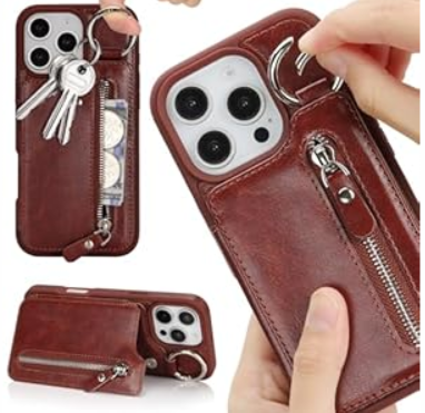 Ｈａｖａｙａ for iPhone 14 case Wallet with Card Holder for Women Men Shockproof Phone case iPhone 13 with Keychain Ring Stand Leather Zipper Credit Card Slots-Deep Brown