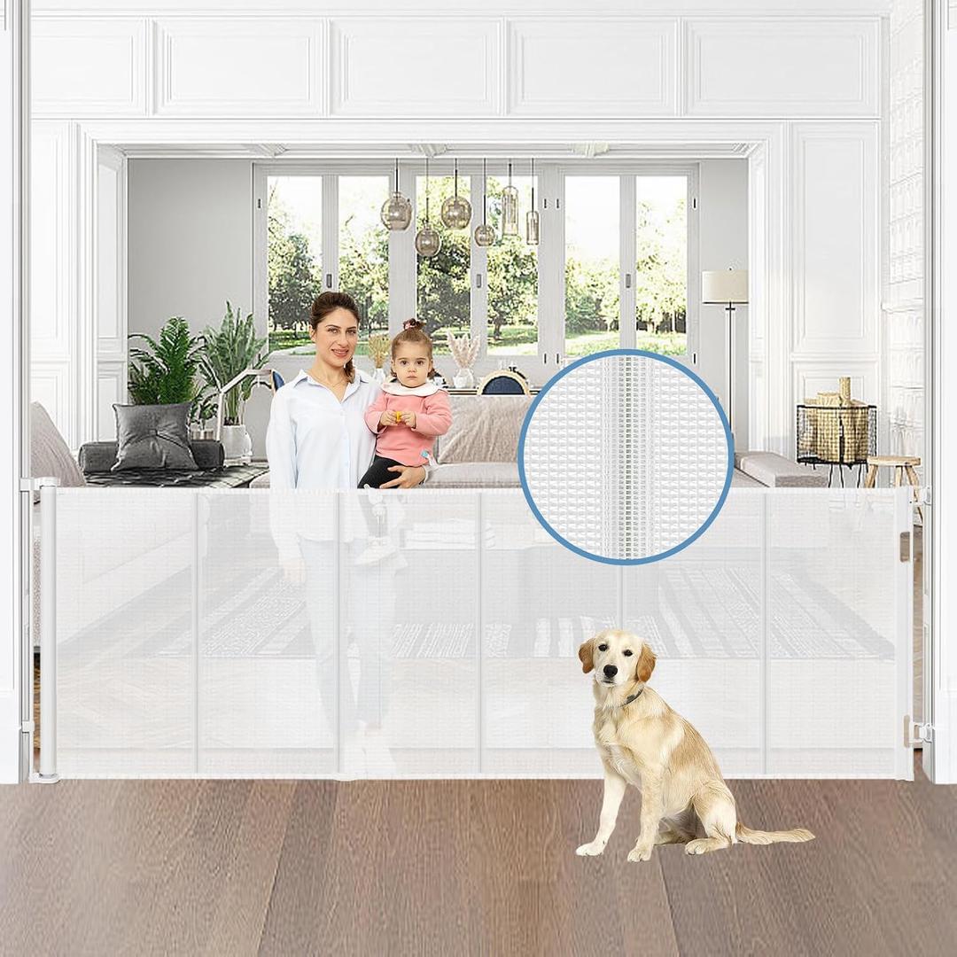 Reinforced 75” Wide Retractable Baby Gate with Support Rods, Upgrade Extra Long Retractable Dog Gates for Doorways Extra Wide Mesh Baby Gate Retractable Pet Gate for Stairs Child Safety Gate(White)