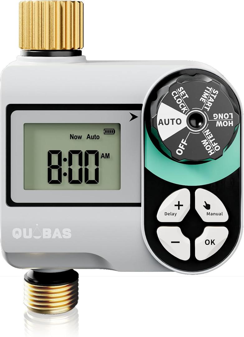 QUOBAS Sprinkler Timer, Programmable Hose Timers with Brass Inlet & Outlet, Water Timer for Garden Hose with Rain Delay/Automatic/Manual Watering System, Digital Drip Irrigation Timers for Yard, Lawn (Interval Program 1 Zone)