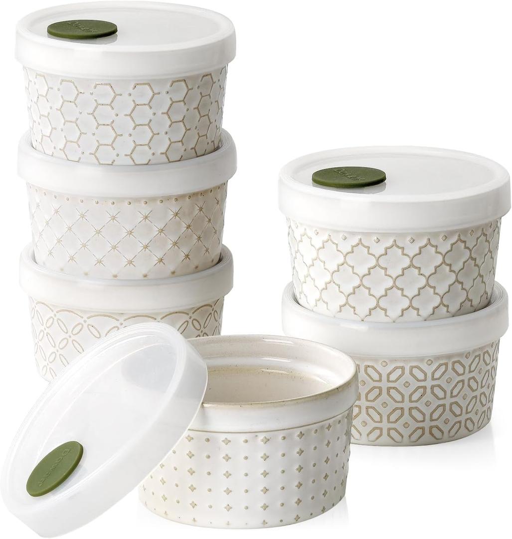 DOWAN Ramekins Oven Safe with Lids 6 oz, Charcuterie Boards Bowls Set for Creme Brulee, Souffle, Dipping Sauces, Custard Cups Ceramic Food Storage Containers, Set of 6, Beige