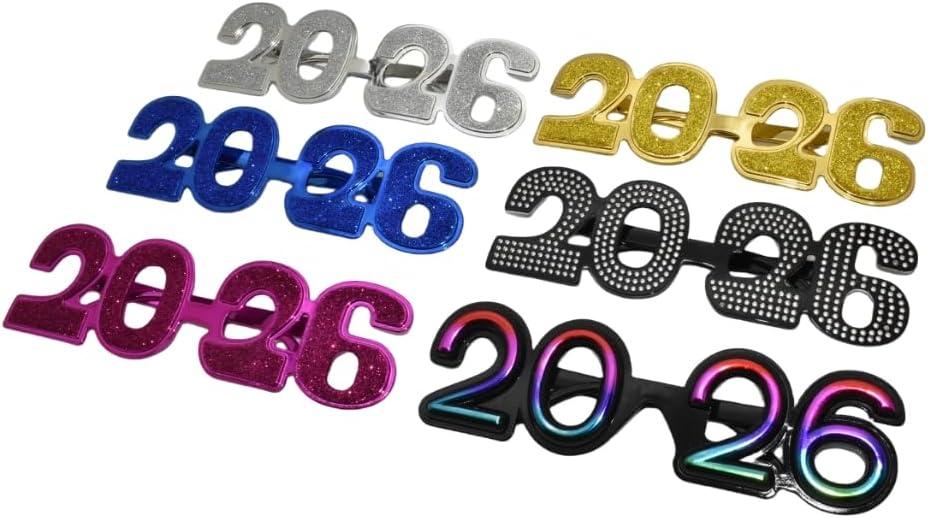 2026 Plastic Glasses Happy New Year Glitter Eyeglasses for 2026 Party New Year Eve Costume Photo Prop Supplies (Black And Gold)