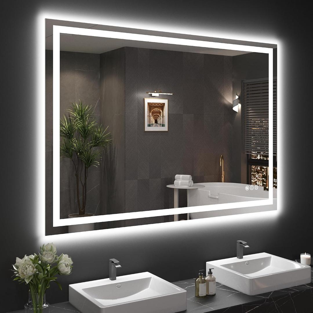 Snowdool 48"X36" LED Bathroom Mirror with Front Lights and Backlit, Anti-Fog, Dimmable, Shatter-Proof Tempered Glass, Lighted Bathroom Vanity Mirror for Wall with 3 Colors, Memory Function