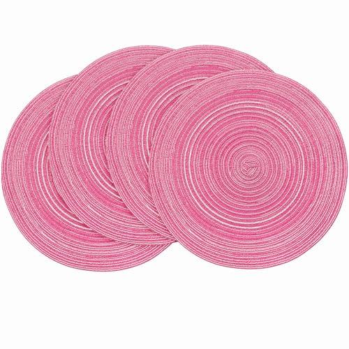 Floroom 15 Inch Round Braided Placemats Set of 4, Washable Heat Resistant Cotton Polyester Circle Place Mats for Kitchen Dining Table - Berry Pink