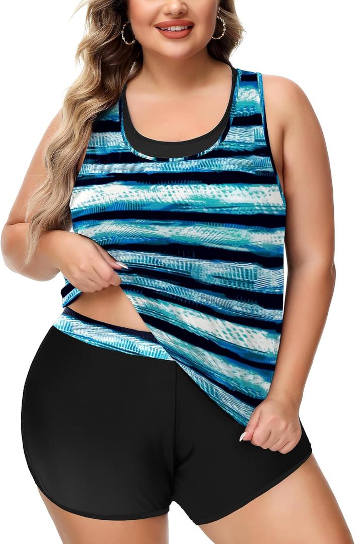 NIeyook Women Plus Size 3 Piece Tankini Swimsuits Athletic Bathing Suits with Boy Shorts Tank Top with Sports Bra (Gradient Blue & Black Stripes)