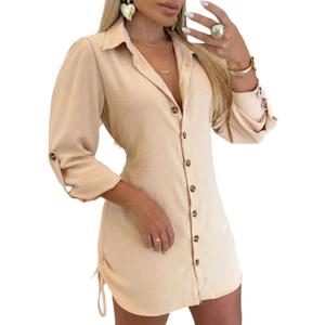 Women Shirt Dress Sexy Long Sleeve Button Down Blouses Side Drawstring Apricot Mini Dresses-M