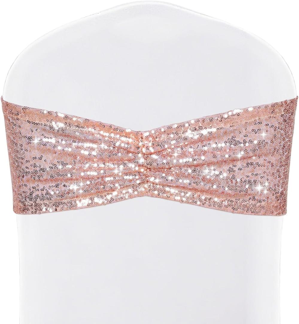 SquarePie Pack of 50 Sequin Chair Sashes Rose Gold Glitter Bows Bands for Wedding Banquet Party Decor