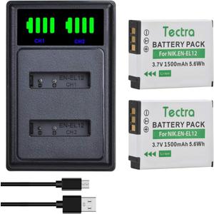 Tectra 2X High Capacity EN-EL12 Battery and LED Dual Charger for Nikon Coolpix AW100 AW110 AW120 AW130 A1000 B600 W300 A900 S6300 S8100 S8200 S9050 S9200 S9300 S9400 P310