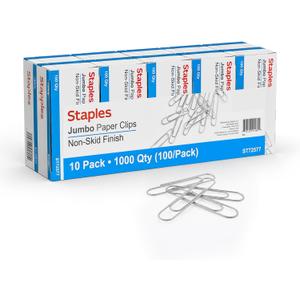 Staples Jumbo Paper Clips, Silver, NonSkid, 1,000 Pack HeavyDuty Clips for Thick Documents & Office Filing