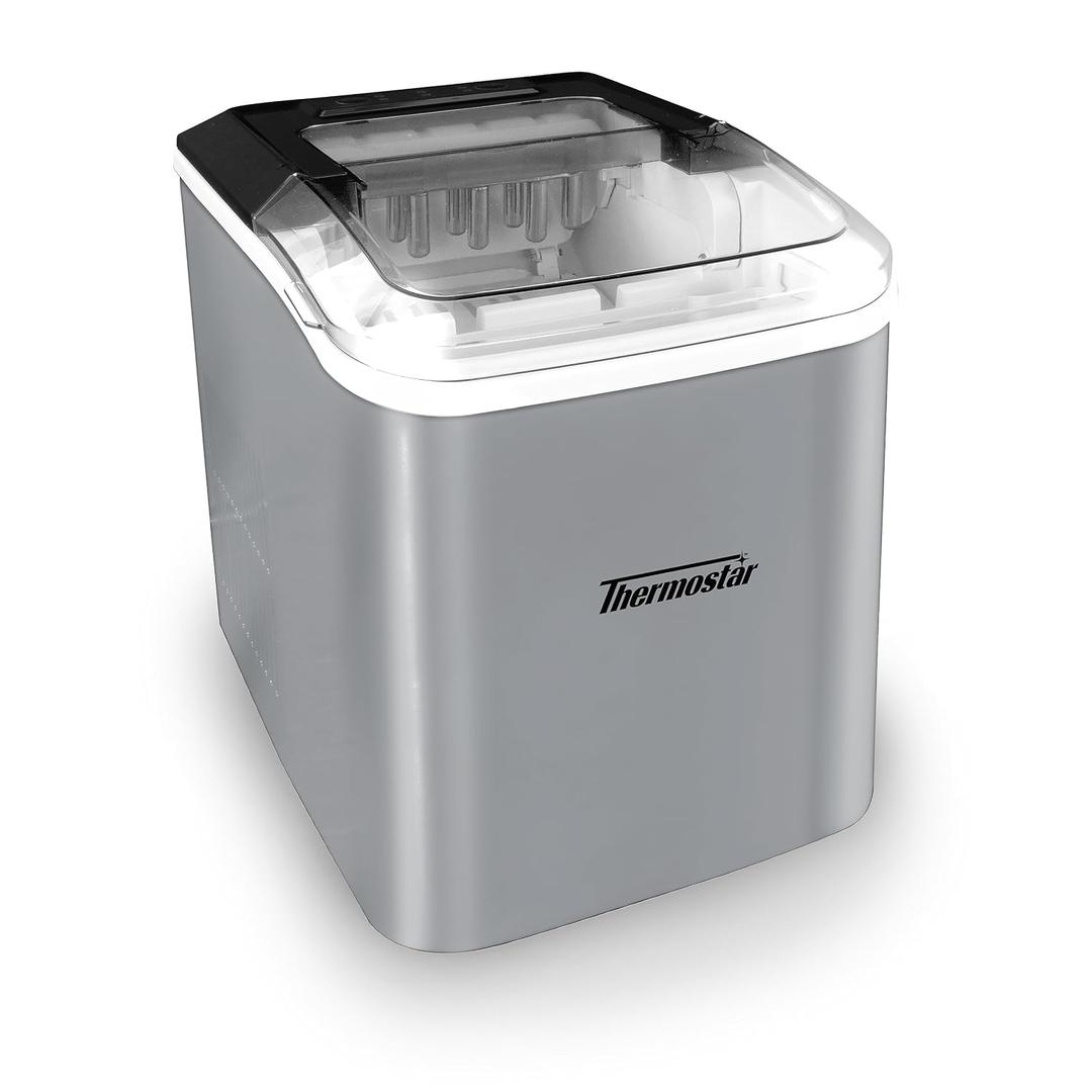 Nostalgia Thermostar Automatic Self-Cleaning Portable Electric Countertop Ice Maker Machine, 26 Pounds in 24 Hours, 9 Ice Cubes Ready in 7 Minutes, with Ice Scoop and Basket, Silver