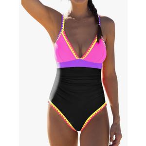 popvil One Piece Swimsuit 2025 Tummy Control Women Bathing Suit Shapewear Swimsuits Slimming Neon Cute Tie Back Swimwear,S