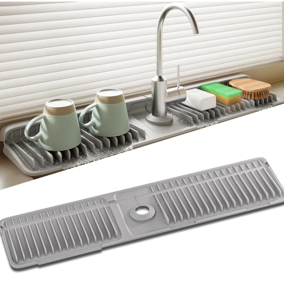 Faucet Mat for Kitchen Sink, 24 Inch Longer Silicone Sink Splash Guard, 7°Slope Fast Self-draining, Fast Drying Tidy Faucet Mat Splash Guard