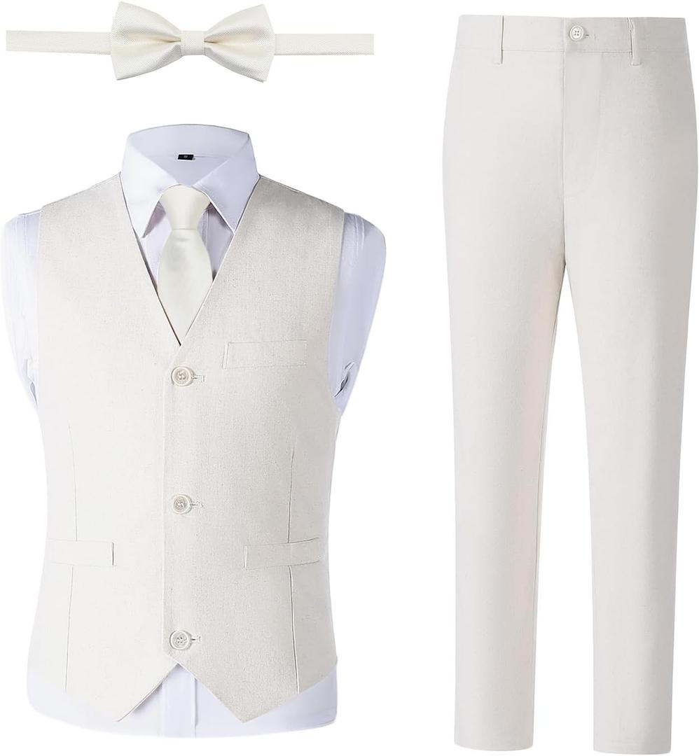 Boys Linen Suit, Toddler Wedding Tuxedos, Teens Boy Suits Set for Kids Beach Summer Outfits (14, White)