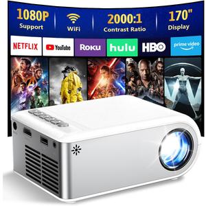DZA Mini Projector with WiFi, Outdoor Portable Projector Supports 1080P with Synchronize Smartphone Screen for iPhone, Movie Projector for Home Theater Compatible with iOS/Android/PC/TV Stick/HDMI