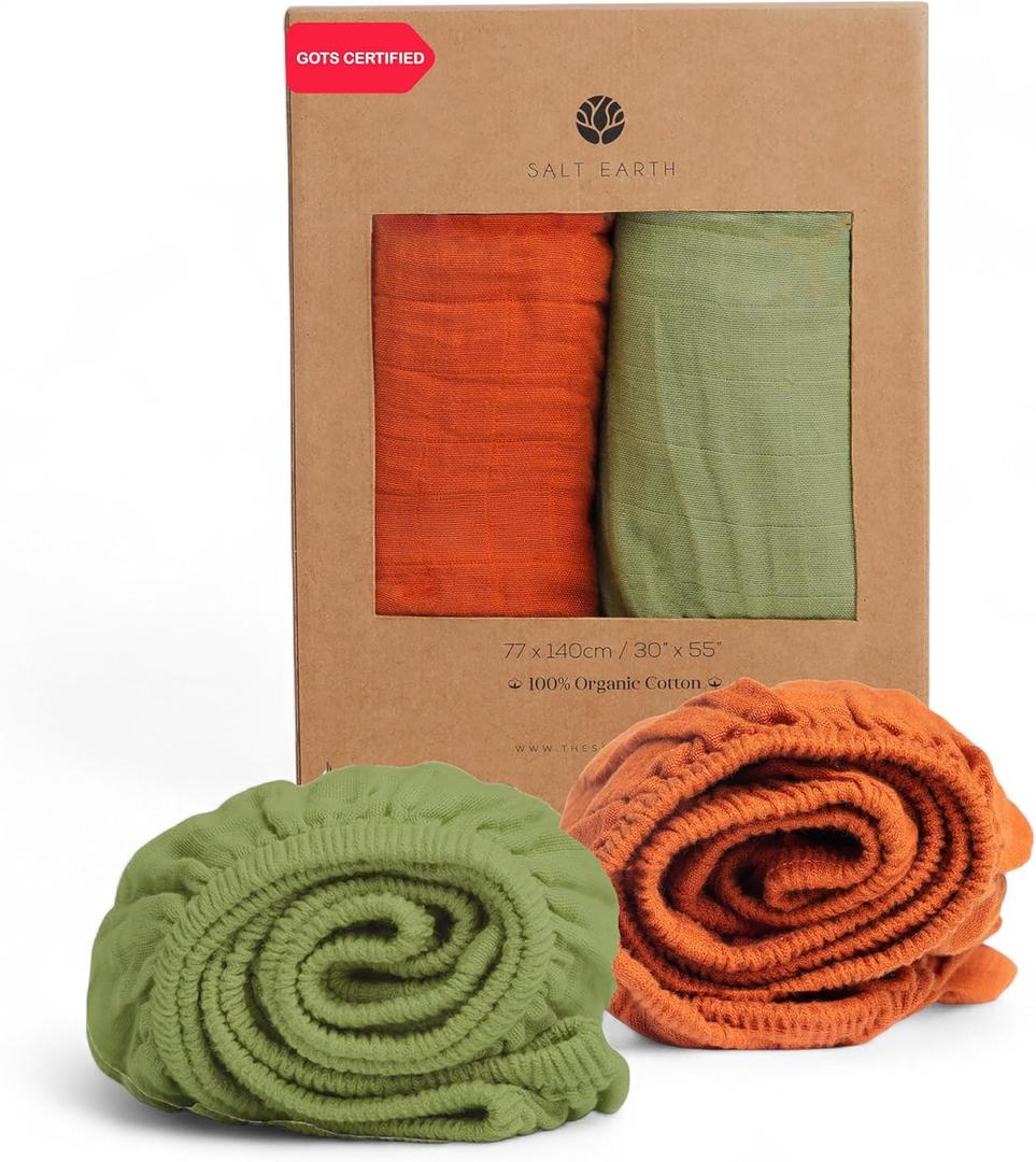 Salt Earth 100% Organic Cotton Muslin Standard Fitted Crib Sheet for Boys, Girls & Toddlers  52"x28", 2 Pack Soft Breathable Natural Cotton Mattress Bed Sheets, Neutral Crib Sheet (Green & Rust)