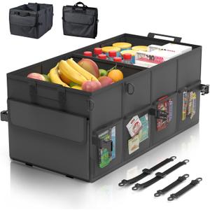 Car Trunk Organizer for SUV 60L Backseat Car Organizer Back Seat Large Storage Trunk Compartment Collapsible Car Caddy Heavy Duty Truck Storage Bin w/6 Pockets Adjustable Straps Cargo Van Jeep Sedan