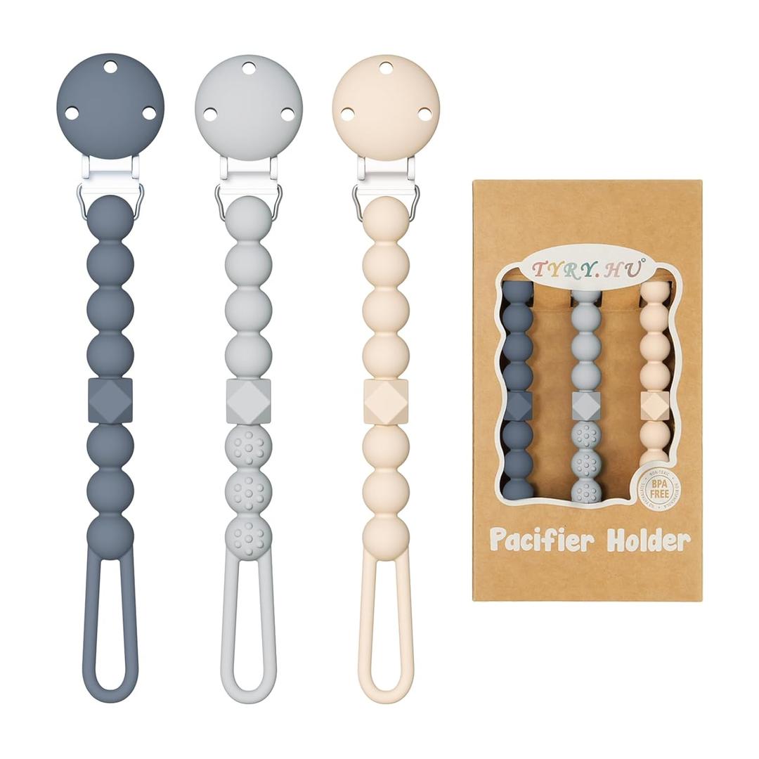 TYRY.HU 3 Pack Silicone Pacifier Holder Clip with One Piece Beads for Boys and Girls, Soft Flexible Pacifier Clip, Rust-Free Binky Clips with Texture, Keeps Pacifier Clean, Fits Most Pacifiers(Grey)