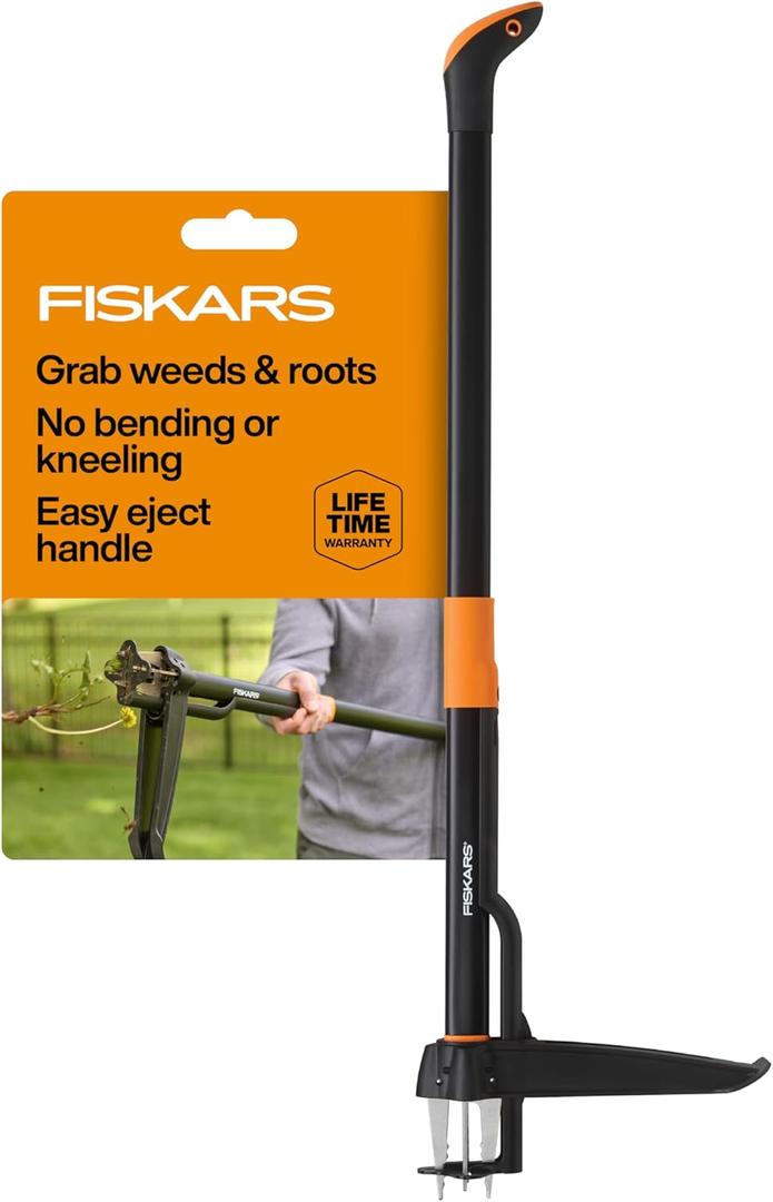 Fiskars Stand-Up Weed Puller Tool, 4 Serrated Stainless Steel Claws Grip Roots for Permanent Removal, Reinforced Foot Platform Penetrates Tough Soil, Easy-Eject & Ergonomic Offset Handle, 39"
