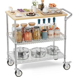 Leteuke Rolling Kitchen Carts with Wheels, 34" L x 17.5" W, 3-Tier Heavy Duty Utility Cart with Wood Tabletop, NSF Commercial Metal Serving Cart with Handle and Shelf Liner for Kitchen, Chrome