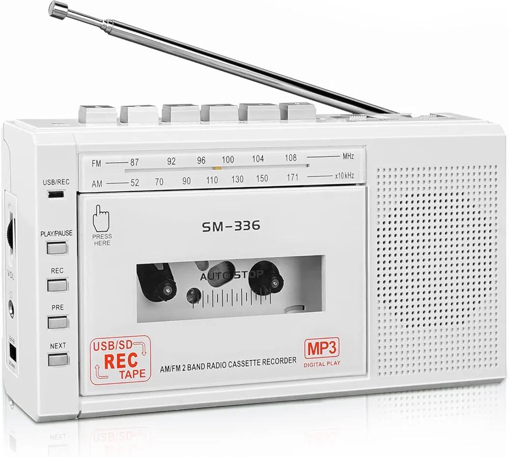 Small Cassette Player Recorder, Cassette to Digital Converter via USB or Micro SD Card, Powered by AC or 4 AA Battery, AM FM Radio Tape Recorder with Build-in Speaker and Earphone Jack