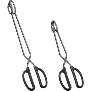 HINMAY Stainless Steel Scissor Tongs 12" and 16" Set, Extra Long Metal Kitchen Tongs for Cooking, Grilling & Serving (Set of 2, Black)