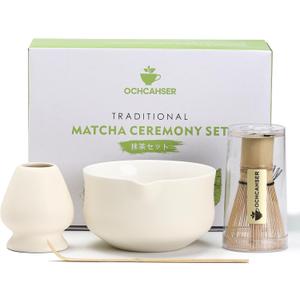 Matcha Set, Japanese Tea Set Includes Matcha Bowl with Spout, Matcha Whisk Holder (chasen), Bamboo Matcha Whisk and Bamboo Scoop, Ceramic Matcha Kit for Tea Lovers (4 PCS, Beige)
