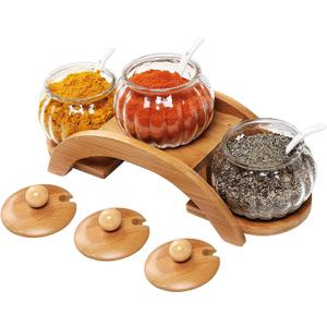MyGift 7.5 Ounce Condiment Pots, Modern Tiered Bamboo Serving Tray with Arch Design, 3 Fluted Clear Glass Bowls, Bamboo Lids and Ceramic Spoons, 10 Piece Set