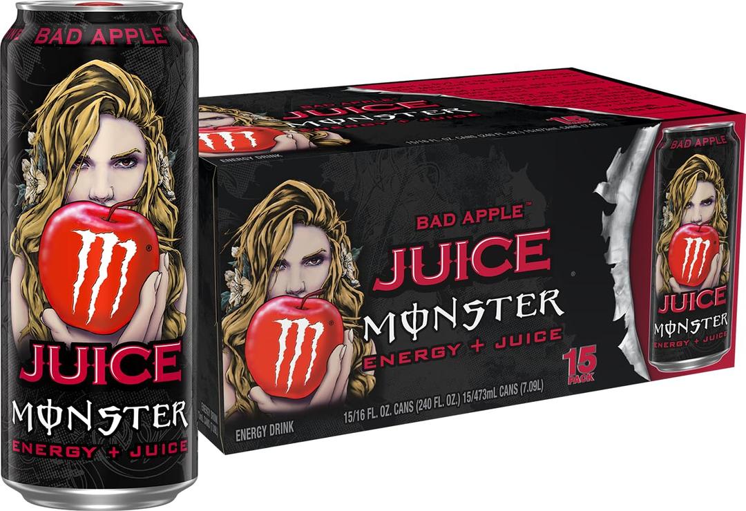 Monster Energy Juice Bad Apple, Energy + Juice, Energy Drink, 16 Ounce (Pack of 15) (EXP 08/25/26)